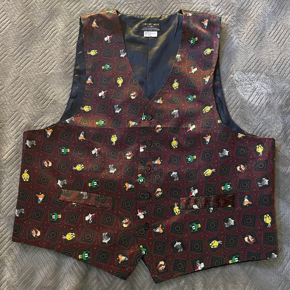 Vintage Looney Tunes Mania Mens S/M Multicolor Silk Vest Warner Bros. 1993